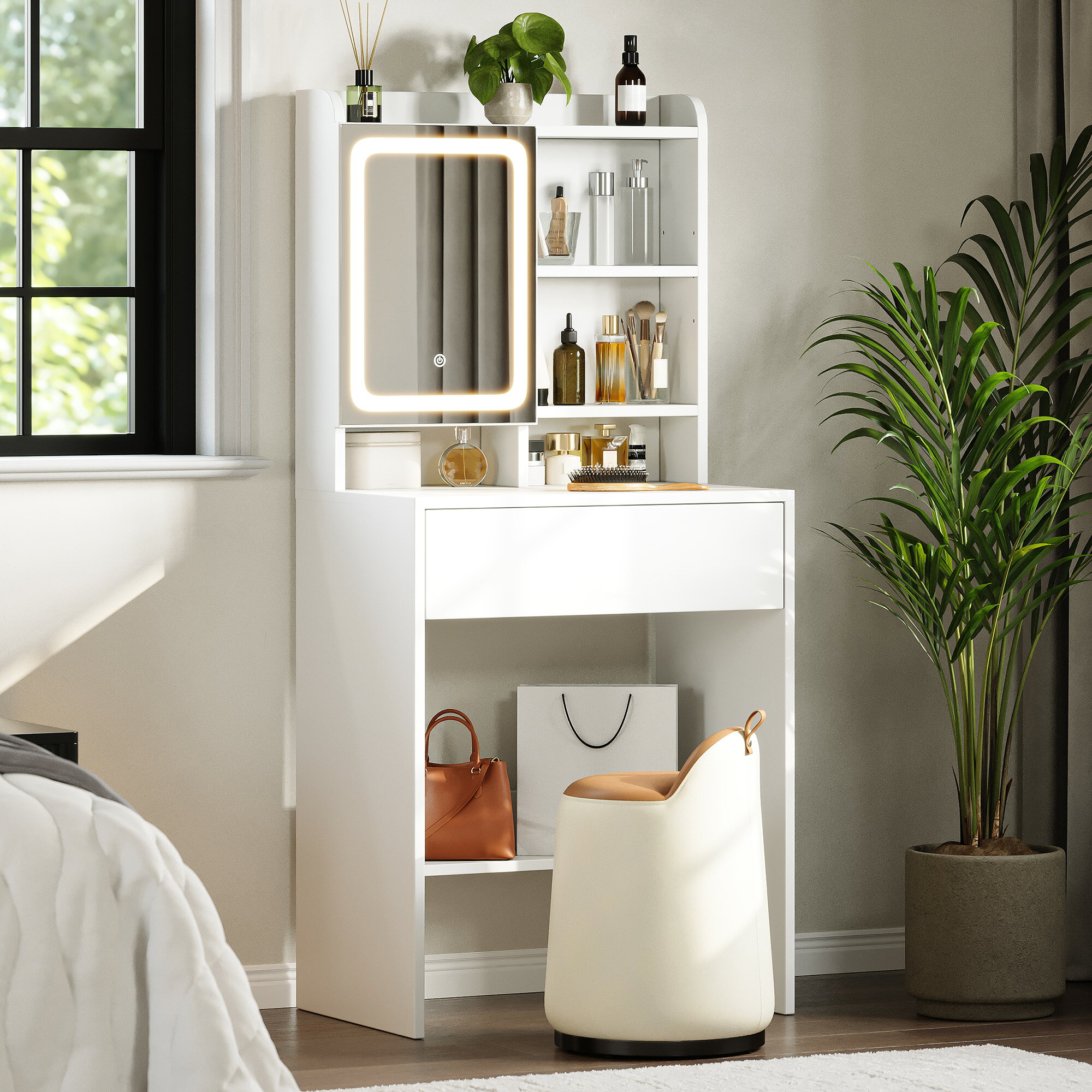 ＼新作超お得☆10999円最安価格に挑戦！／ドレッサー コンパクト ミラー おしゃれ 白 ホワイト 幅60cm 木製 大容量収納 引き出し姫系ドレッサー 化粧台 鏡台 一面鏡 メイク台 シンプル 大容量 可愛い 女優ミラー 家具 スツール 木製 高級 子供 娘 学生 寮