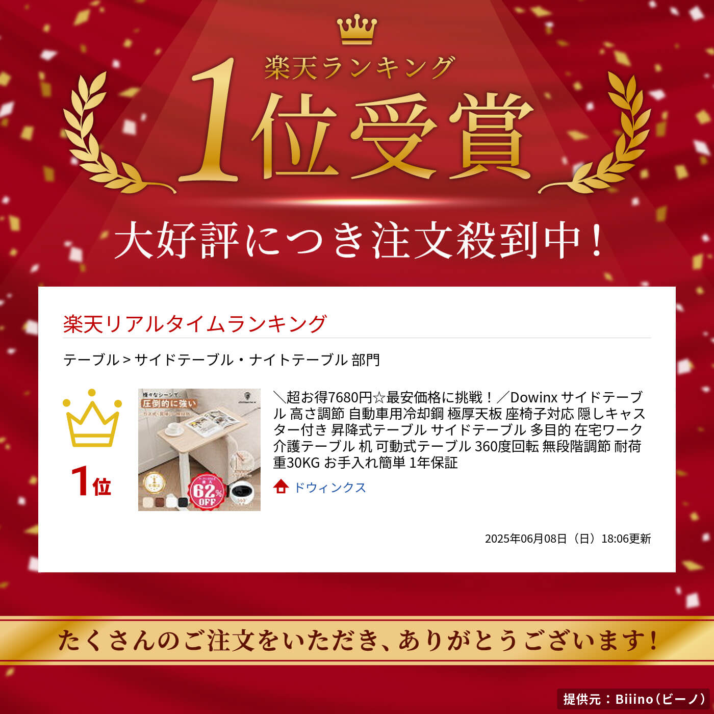 ＼超お得7980円☆最安価格に挑戦！／Dowinx サイドテーブル 高さ調節 自動車用冷却鋼 極厚天板 座椅子対応 隠しキャスター付き 昇降式テーブル サイドテーブル 多目的 在宅ワーク 介護テーブル 机 可動式テーブル 360度回転 無段階調節 耐荷重30KG お手入れ簡単 1年保証 2