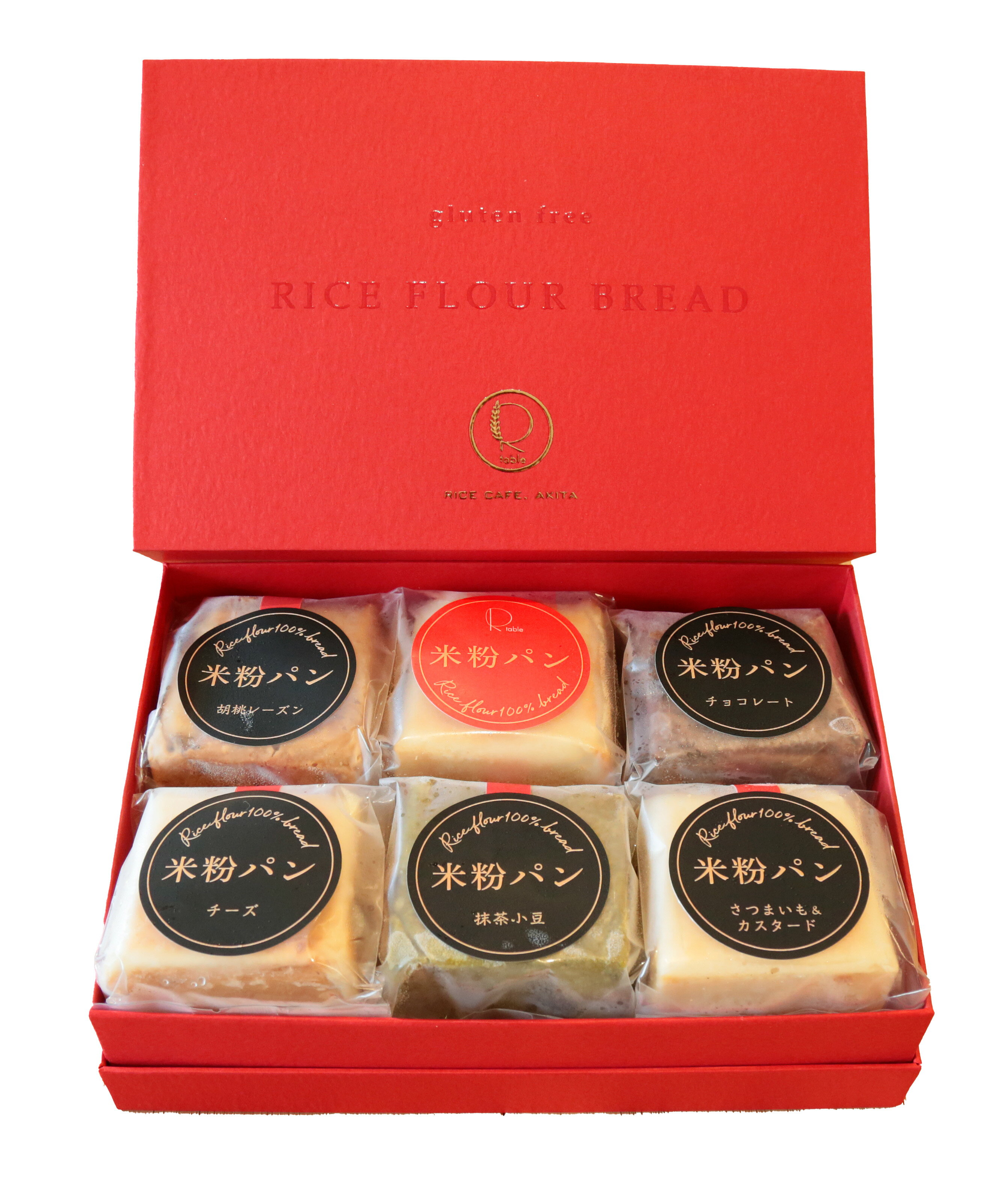あきたこまちの米粉パン グルテンフリー【ギフトBOX】6個入り米粉食パン 6種類の味 プレーン 胡桃レーズン 抹茶小豆 チーズ チョコレート さつまいも＆カスタード あきたこまち米粉 100% ギフトセット 小麦不使用 ふっくら もちもち 高級感 プレゼント お歳暮【冷凍】