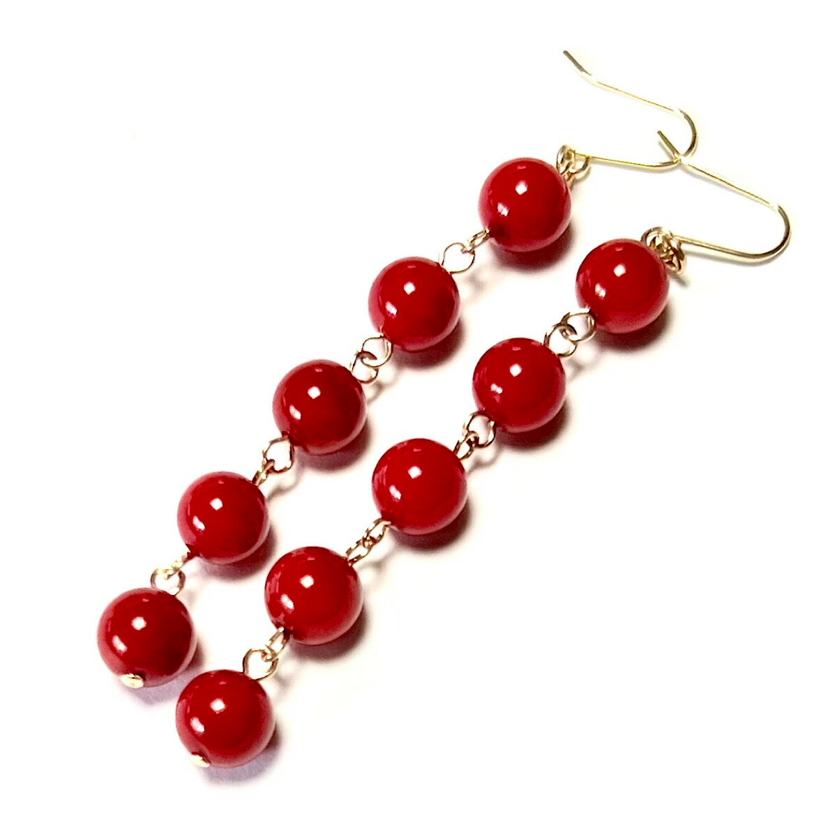 Rvaru】 K18ピアス 赤珊瑚(染色加工)6mm 5連タイプ ロング フック