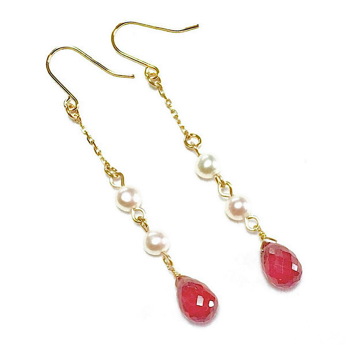 【Rvaru】 ★ K18 ルビー ピアス ドロップ 淡水真珠 パール ロングピアス K18YG 18金イエローゴールド アメリカン フックピアス 誕生石 イヤリング チャーム 18K 人気 ギフト 誕生日 バースデー プレゼント 結婚記念日 お祝い クリスマス ホワイトデー 母の日 彼女 贈り物