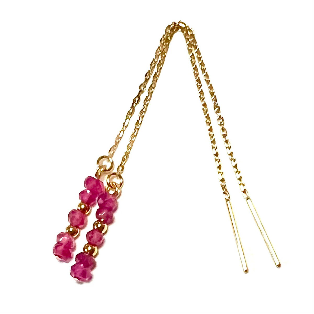 【Rvaru】K18 ルビー ピアス スティックタイプ ロングアメリカンピアス K18YG 18金イエローゴールド ロングチェーンピアス 7月 誕生石 天然石 ...