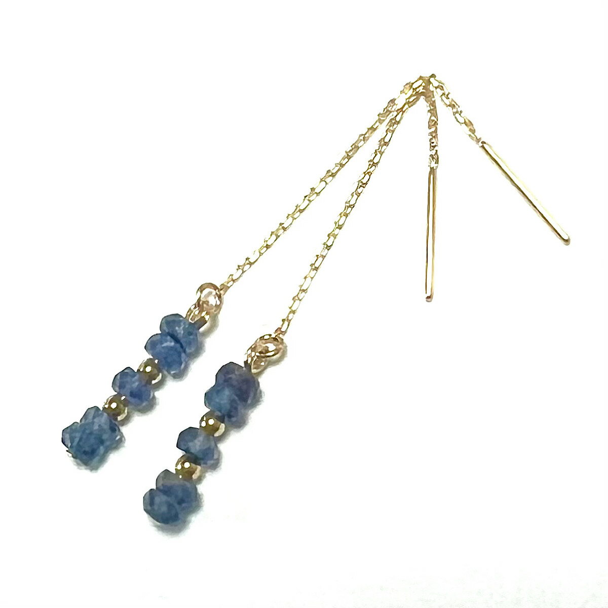 【Rvaru】 K18 ブルーサファイア ピアス カット石 スティックタイプ アメリカンピアス K18YG 18金イエローゴールド チェーンピアス 9月 誕生石...