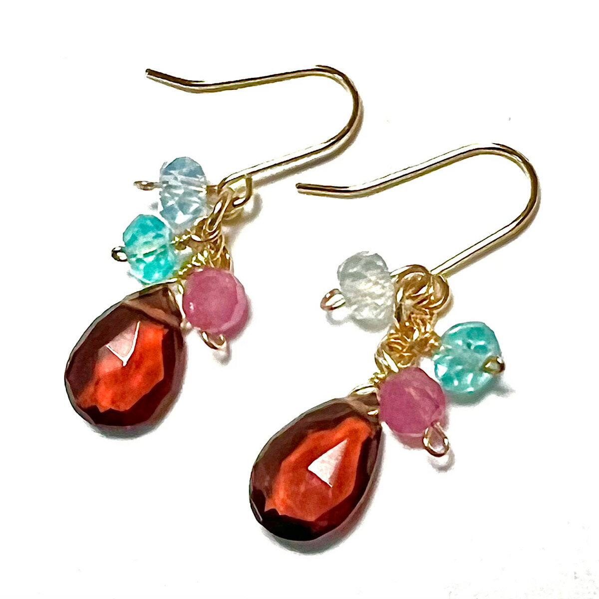 【Rvaru】 K18 モザンビーク ガーネット ピアス ドロップ ピンクトルマリン アクアマリン フックピアス K18YG 18金イエローゴールド アメリカン...