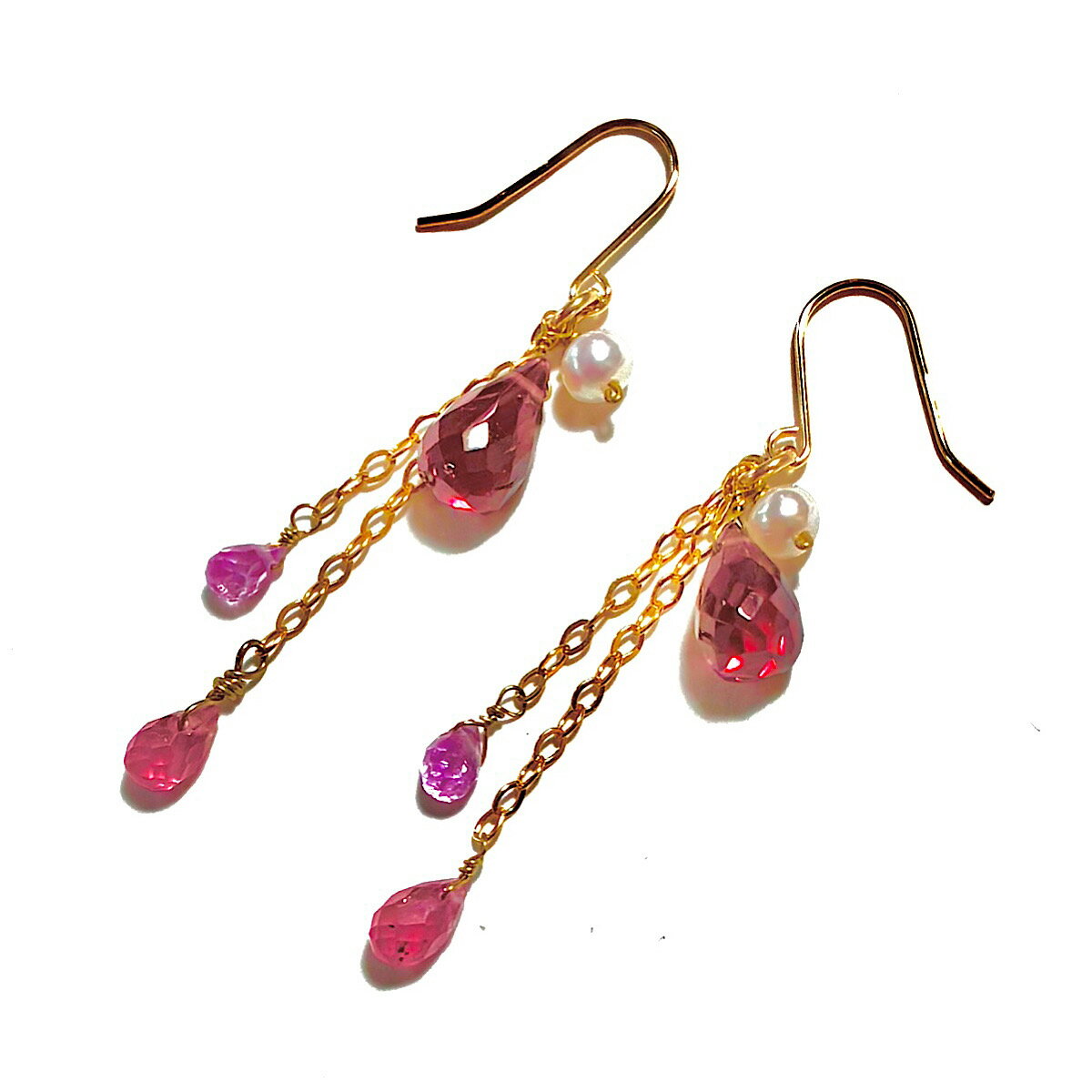 Rakuten - K18 ガーネット ピアス イヤリング ガーネット ルビー ピンクサファイア ドロップ 淡水真珠 ぱーる Wチェーン フックピアス K18YG 18金イエローゴールド チャーム ギフト 誕生日 バースデー プレゼント 結婚記念日 クリスマス ホワイトデー 母の日 彼女 贈り物