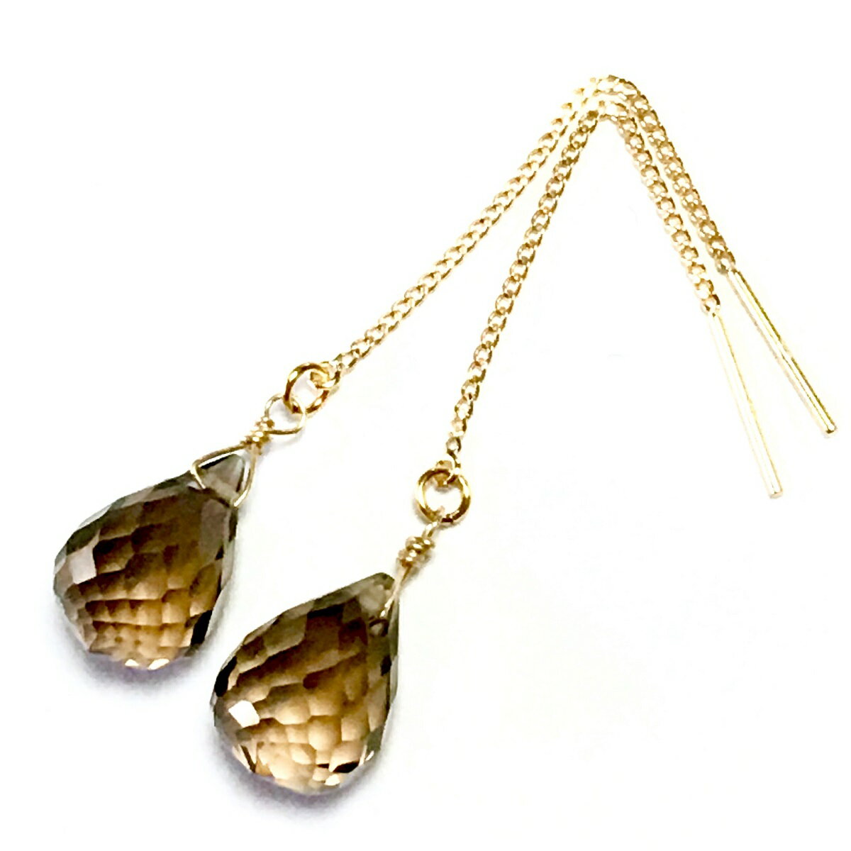【Rvaru】 K18ピアス スモーキークォーツドロップ ブリオレットカット アメリカンピアス K18YG 18金イエローゴールド チェーンピアス 誕生石 天然...