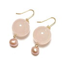 【Rvaru】★ K18 ローズクォーツ ピアス 12mm 淡水真珠 ピンク フックピアス 紅水晶 パール K18YG 18金イエローゴールド 誕生石 天然石 ...