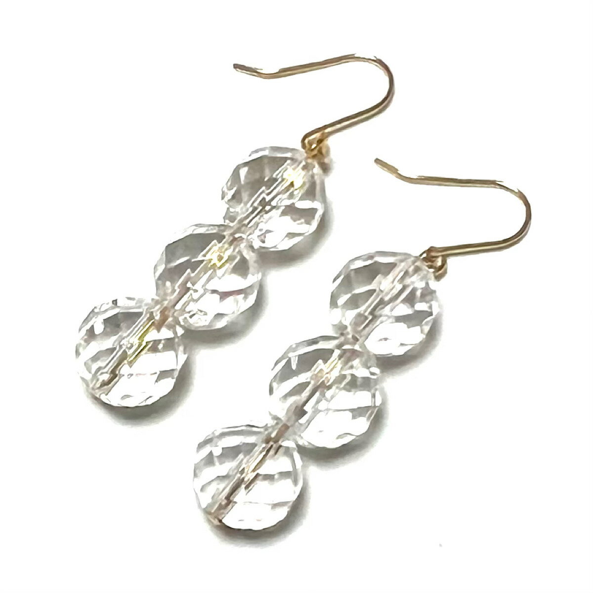 【Rvaru】 K18 天然 本水晶 ピアス 64面 8mm 3連 トリプルタイプ フックピアス クリスタル クォーツ K1..