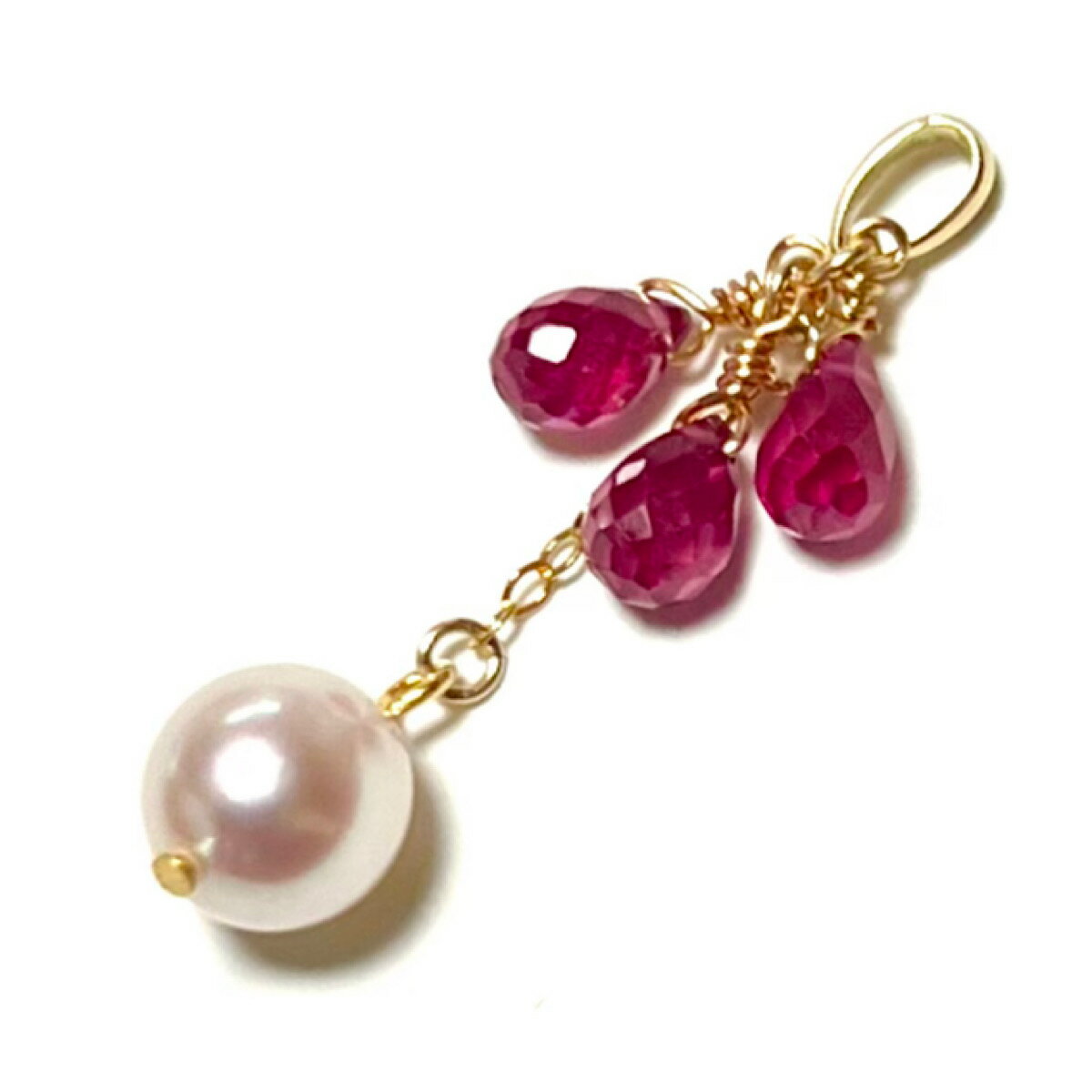 【Rvaru】 ★ K18 ルビー トップ ドロップ トリプル アコヤ あこや真珠 7〜7.5mm ペンダントトップ K18YG 18金イエローゴールド ネック...