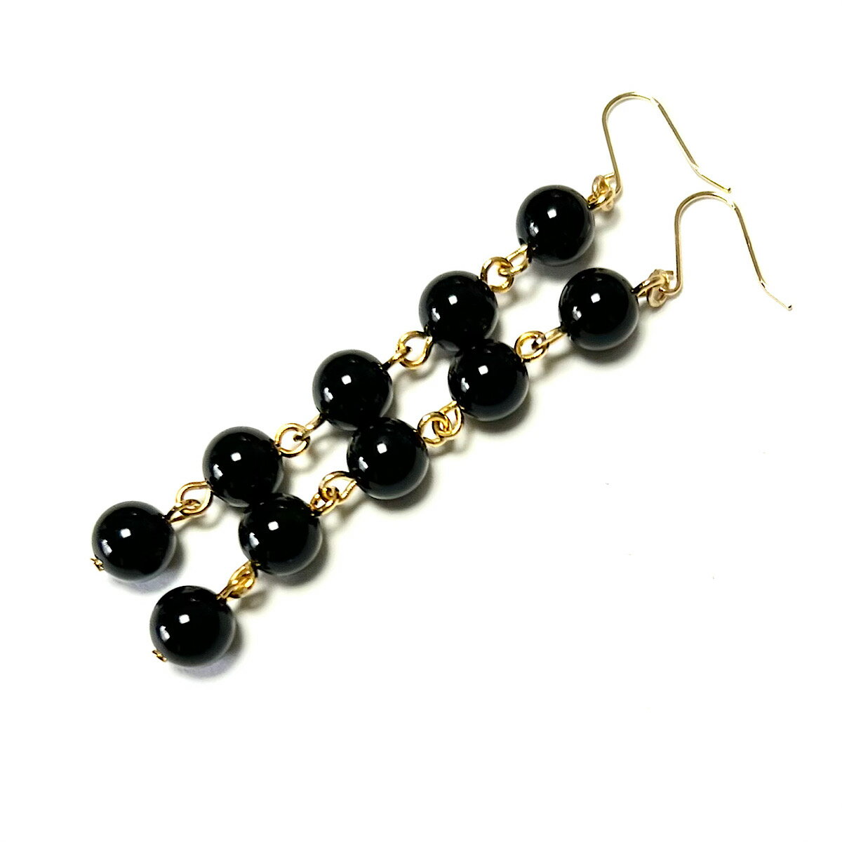 【Rvaru】K18 オニキス ピアス 6mm ラウンド 5連タイプ ロング ブラックオニキス フッ