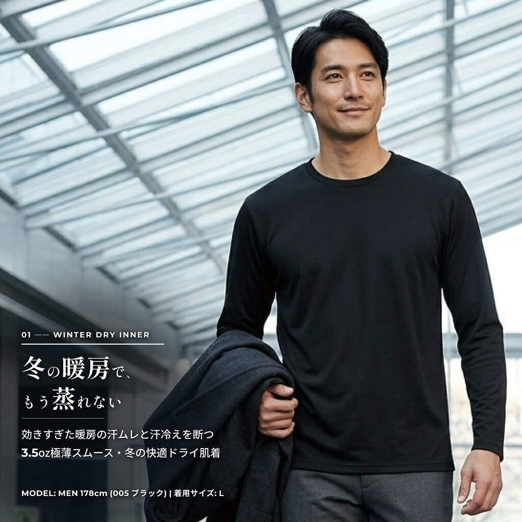 インナーシャツ メンズ 長袖 ドライ ロンT 肌着 アンダーシャツ 長袖Tシャツ 【冬の暖房で蒸れず汗冷えしない】 吸汗速乾 3.5oz スムース さらさら 薄手 ストレッチ 重ね着 防寒 汗対策 通勤 電車の暑さ 仕事着 作業着 スポーツ ジム 無地 白 黒 紺 8色 SS-3L 大きい 00352 rtm-select-10007207 RTM Select 楽天市場店 パッケージ画像