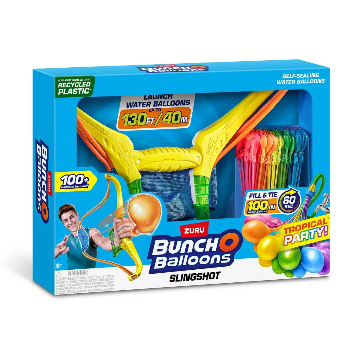 ZURU バンチオバルーン　Bunch O Balloons トロピカルパーティー・シリーズ-スリングショット付き 誰でもカンタン、ラクチン！ 約60秒でおよそ100個の水風船が作れるバンチオバルーン！ 簡単な3ステップで一度にたくさんの水風船が作れます。 ホースに付属のアタッチメントをつけて、水を入れると 自然に封ができて、あっという間に出来上がり♪ スリングショットは約30m飛ばすことができます。 プールに入れても楽しい水ふうせん。 水鉄砲よりも簡単にバトルが楽しめます♪ 夏の水遊びにおすすめです！ ■セット内容 水風船　100個(3束) ホース用アタッチメント　1個 スリングショット1個 ※予告なく、パッケージ、風船のカラーが変更になる場合がございます。 【3,980円以上送料無料についての注意事項】 ※同一の対応ショップで同一注文・同一配送先へのお買い物合計額が3,980円(税込)以上の時に送料無料になります。 ※沖縄県、離島は送料無料ラインの対象外となります。別途、送料が発生します。（9,800円以上ご購入いただいても送料無料にはなりません。） ※大型宅配便・クール便は、送料無料ラインの対象外となります。 ※お買い物額の合計が3,980円（税込）以上でも、送料無料ライン対象外の 商品が含まれていると、送料無料にはなりません。 ※一度注文を行われた後で、複数の注文をまとめることはできません。