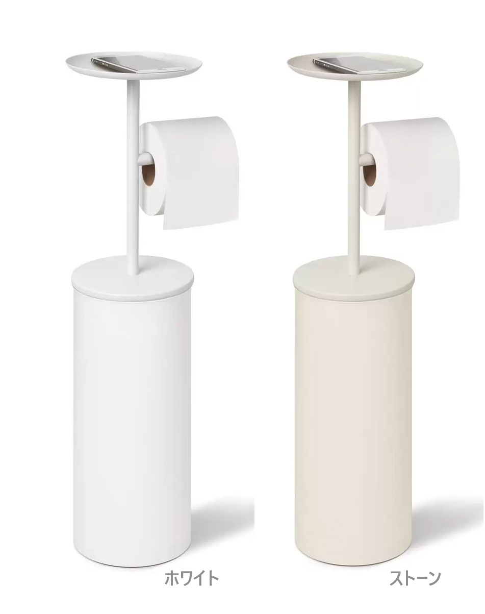 ■多用途でモダン 光沢のあるクロームのアクセントとマットなボディを備えたこのモダンなトイレットペーパースタンドは、見た目が美しく、多機能でもあります。 ■ビルトイントレイ 携帯電話、鍵、植物、芳香剤などに使用できるビルトイントレイを備えています。 ■トイレットペーパーホルダーと収納 予備のロールを隠して保管する収納つき。最大3つのジャンボサイズのロールを収納できます。 ■狭いスペースに コンパクトなサイズのPortalooは、手間をかけずに隅や扱いにくいスペースにすっきりと収まるため、狭いスペースでの生活に適しています。 ・自立式で移動も簡単 ・縦方向のスペースを活用 ・小物や小さな装飾品用を置けるトレイつき ・予備のトイレットペーパーのロール最大3つを隠して保管可能 ・リサイクルプラスチック製 ・従来の電気メッキ仕上げよりも水と固形廃棄物が 85% 削減されました。 サイズ:22 x 17 x 65 cm 重量:約1.542kg 素材:55%スチール・45%ポリプロピレン 原産国:中国 ブランド:Umbra 【3,980円以上送料無料についての注意事項】 ※同一の対応ショップで同一注文・同一配送先へのお買い物合計額が3,980円(税込)以上の時に送料無料になります。 ※沖縄県、離島は送料無料ラインの対象外となります。別途、送料が発生します。 ※大型宅配便・クール便は、送料無料ラインの対象外となります。 ※お買い物額の合計が3,980円（税込）以上でも、送料無料ライン対象外の 商品が含まれていると、送料無料にはなりません。 ※一度注文を行われた後で、複数の注文をまとめることはできません。