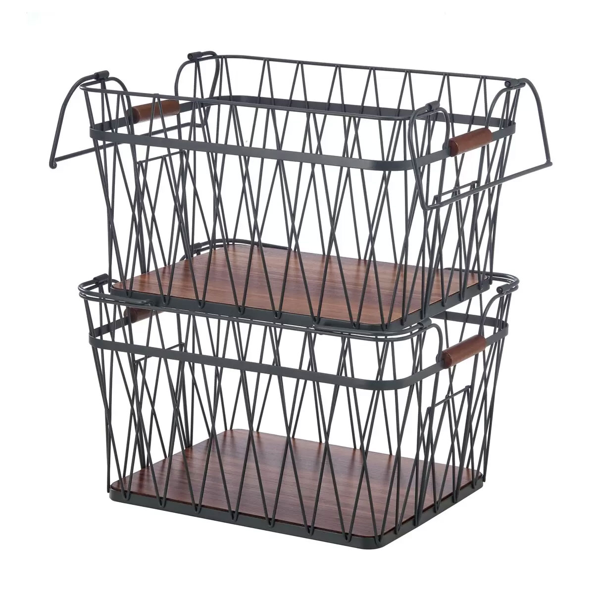 樂天商城 - 【送料無料】ワイヤーバスケット2個セット（木製取っ手付き）39×32.5×23cm/スチール製/重ねられる/スタッキング/大きめ