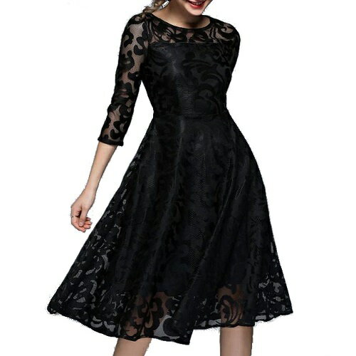 総レース フレア シースルー ひざ丈 七分袖 ドレス （黒 ブラック）レディース パーティ ワンピース