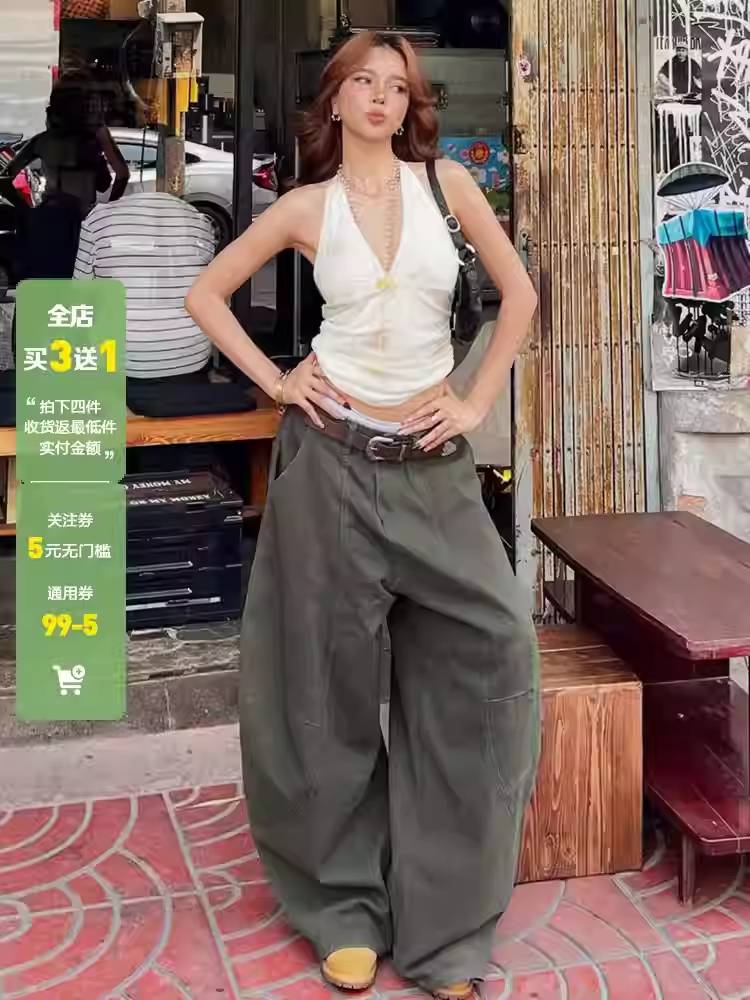 乐天商城 - カーキ デニムパンツ レディース ワイドパンツ ストリート カーブデニム 切り替え ダンスパンツ ゆったり 美脚 脚長 カジュアル トレンド