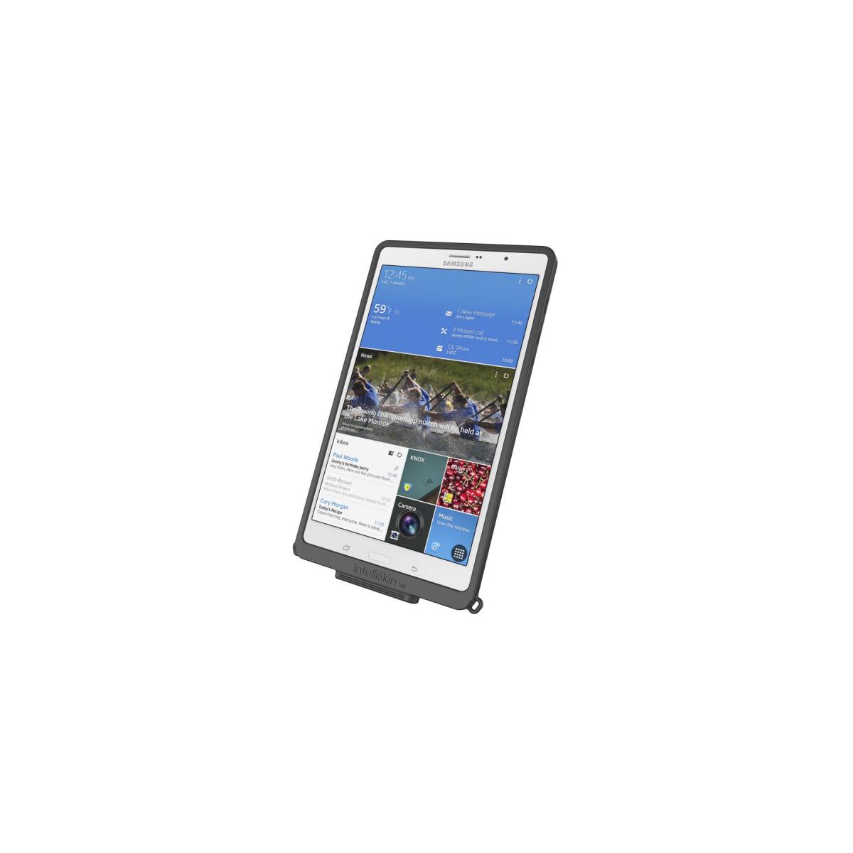 メーカー名：ラムマウントメーカー品番：RAM-GDS-SKIN-SAM9Uカタログ品番：P115-2437Intelliskinシリーズは主にGDS Technology製品と組み合わせて使用する機種専用設計の保護ケースです。ケース本体にポゴピン端子への充電端子変換機構が組み込まれており、専用の充電ドックにセットするだけでデバイスの充電が可能に。通常の充電ケーブルを脱着することによるロスを削減し、頻繁な抜き差しによって発生する接続不良のリスクを低減します。各種ボタンやカメラなど各種インターフェースへのアクセスも用意で、ハンドスタンドやショルダーストラップをはじめとした豊富な追加アクセサリーを組み合わせることで必要に応じて機能を拡張することができます。色[カラー]：ブラック重量[グラム]：118材質[素材]：ポリカーボネート、TPE(Thermoplastic Elastomers)内容量[数量]：1個使用上の注意：※取付け時は使用環境、取付け箇所の必要に応じて適宜市販の緩み止め接着剤などを使用して確実に固定してください。※必ず使用用途に合った耐荷重のボールサイズをお選びください。また万が一の脱落防止のため、装着機器には脱落防止用ストラップなどを使用してください。※製造工程上、製品表面の塗膜に一部色ムラや剥がれ、バリが見受けれらる場合がございます。製品の使用・機能的に問題がない場合は補償対象外となります。適合機種：【Samsung/サムスン】 Galaxy Tab S 8.4