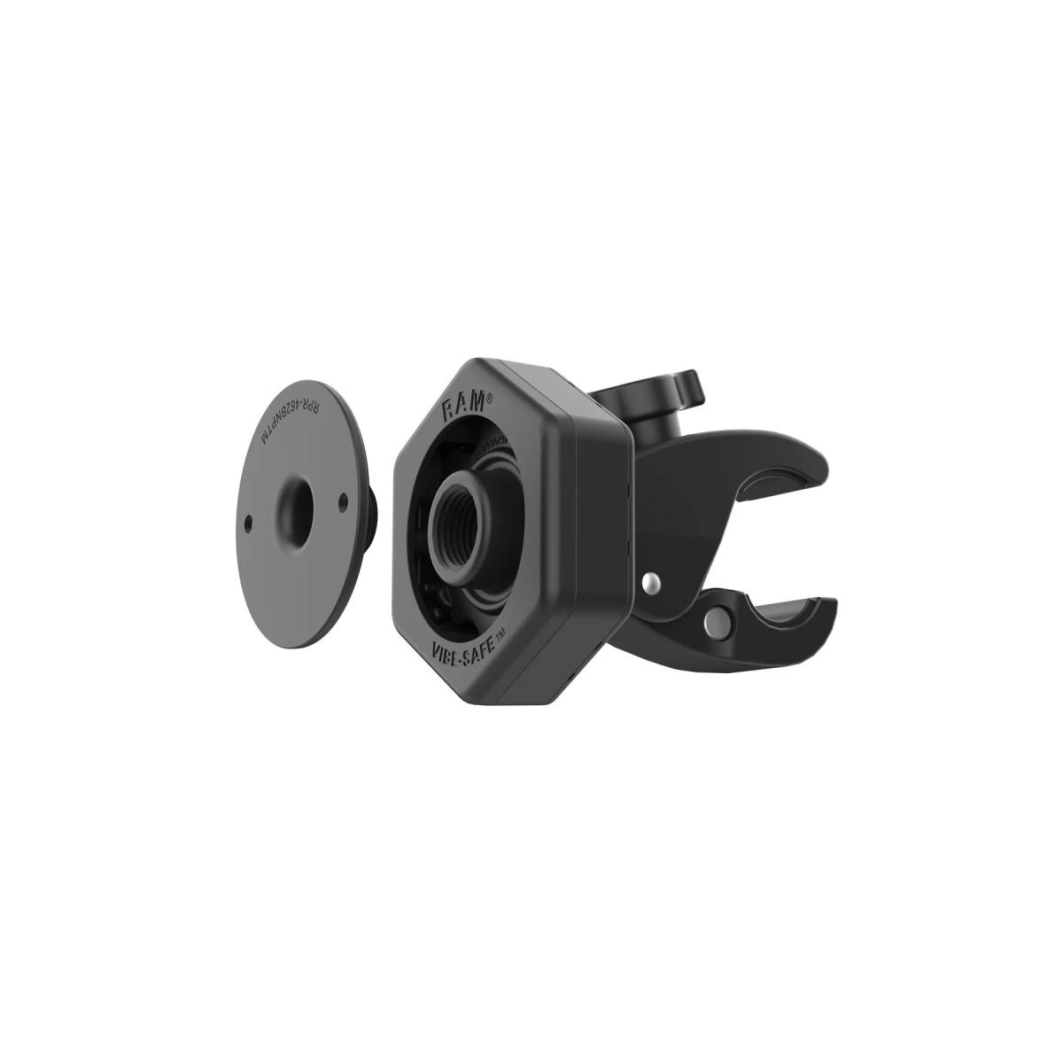 メーカー名：ラムマウントメーカー品番：RAP-400-462NPTカタログ品番：P117-0614振動低減機構【Vibe-Safe】アダプターに脱着が簡単な「タフクロー」Sサイズがついたセット品。AMPS2穴パターンを持つマウント部が取り付け可能。色[カラー]：ブラックサイズ：ボール無し重量[グラム]：259材質[素材]：高強度複合材(High strength composite)内容量[数量]：1セット付属品：#8-32 x 1/2&amp;quot;ビス x2、#8-32 ナイロックナット x2特記事項：マウント部とベース部が一体になったセット品です。通常のボールジョイント製品とは互換性がありません。使用上の注意：※万が一の脱落防止のため、装着機器には脱落防止用ストラップなどを使用してください。※本製品はスマートフォンの不具合・故障を全て防ぐものではございません。※製造工程上、製品表面の塗膜に一部色ムラや剥がれ、バリが見受けれらる場合がございます。製品の使用・機能的に問題がない場合は保証対象外となります。2024/06/20メーカーサイトより転載　（情報はメーカーにて更新されている場合があります）"Vibe-Safe"厚さ35mmとボリューム感のあるヘキサゴン形状のモジュールの中に、弾性に優れた防振ラバーマウントを9箇所配置。アイドリングから高回転域まで、オートバイから発生する振動がスマートフォンに与えるダメージを軽減し、故障などのリスクを低減します。Tough-Claw(タフクロー)は、丸パイプ・角パイプ・平面など、取り付け箇所の形状問わず工具不要で簡単に脱着が可能なベースパーツ。●対応径φ15.9-28.9mm●クランプ最大開口約36mm●注意事項・本製品によって得られる振動軽減効果はスマートフォンを故障から完全に保護するものではありません。本製品を使用していても様々な外的要因によりスマートフォンの機能に不具合、故障が発生する可能性があります。