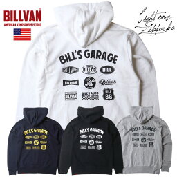 ビルバン ジップアップパーカー メンズ BILLVAN GARAGE メニ―ロゴ ライトオンス ミニ裏毛スウェット フルZIPパーカー ビルバン アメカジ