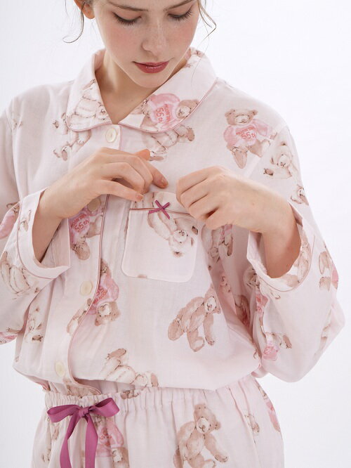 ナルエー　パジャマ　ダブルガーゼ　綿100％　テディベア　クマさん　ピンク　ムーンタン