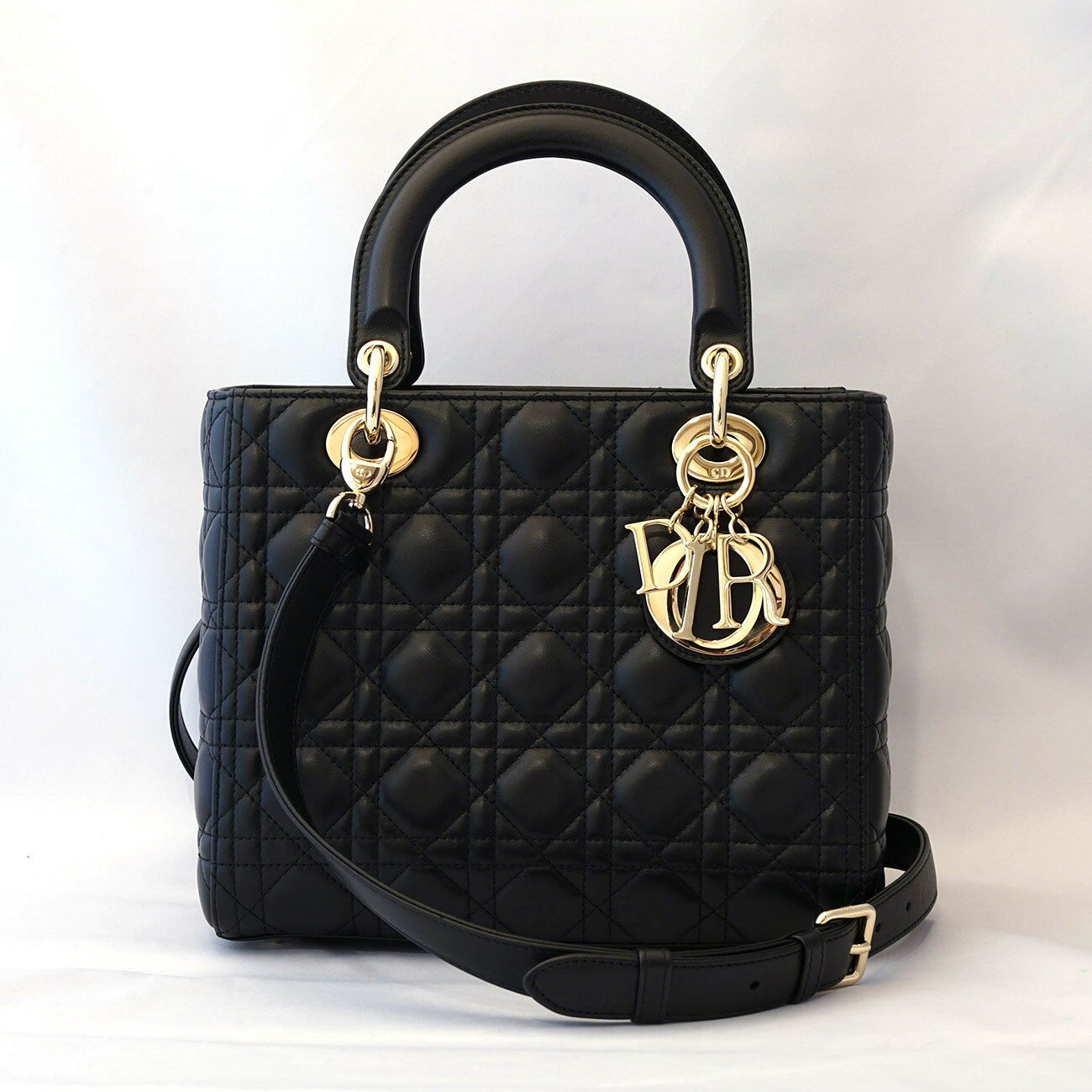 Christian Dior クリスチャンディオール　レディディオール M0565ONGE　2WAYハンドバッグ　ミディアム カナージュ　レザー　ブラック　シャンパンゴールド金具　トート【中古】Aランク【送料無料】ショルダーバッグ　ナローストラップのサムネイル