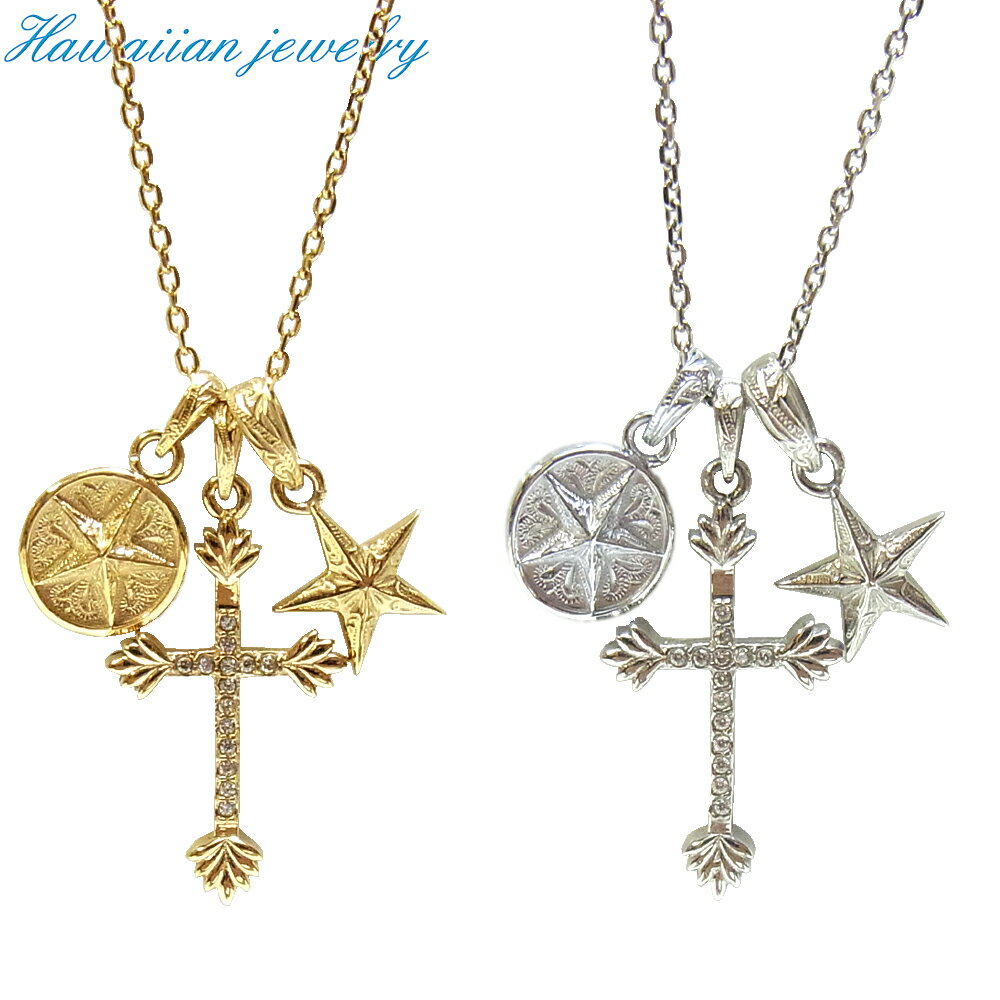 ハワイアンジュエリー ネックレス 刻印 名入れ 2連 ゴールド シルバー クロス スター 星 お花 アロマ 誕生日 記念 サージカルステンレス