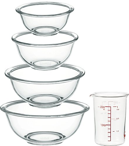 iwaki(イワキ) AGCテクノグラス 耐熱ガラス ボウル 丸型 4点セット メジャーカップ付き 電子レンジ/オーブン/食洗器対応 食材を混ぜ