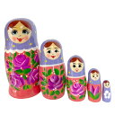 カラフルマトリョーシカ 5個組ドット柄の薄紫頭巾×橙色ドレス フーシャピンクのバラの花束無料ラッピング【マトリョーシカ】