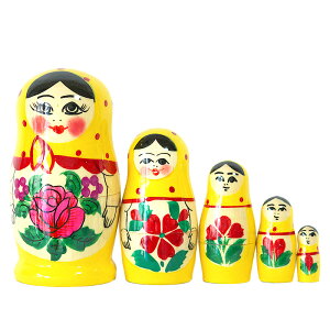 カラフルロシヤーノチカ 5個組11cm5個組 黄色頭巾×黄色 真紅の薔薇無料ラッピング【マトリョーシカ】