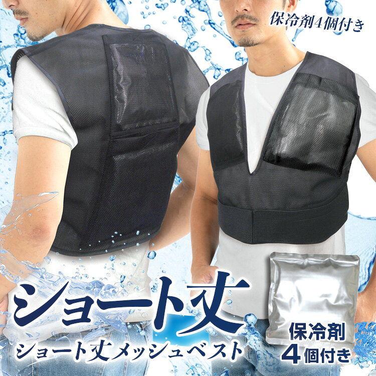 【商品説明】 ●異物混入防止のため、ファスナー不使用 ●保冷剤が4個付属 動きやすいショート丈ベスト。保冷剤ポケットは前面に2か所、背面に2か所。ウエストはマジックテープで調整可能です。 【商品仕様】 ●セット内容：本体（ウェア）、アルミ保冷剤×4個 ●フリーサイズ：フリーサイズ(着丈 約43cm) ●アルミ保冷剤：約160×170mm 関連キーワード 保冷剤ベスト　冷却ベスト　アイスバック　リュック型アイスバック　アイスバックのリュック型タイプ≪ 保冷剤の追加購入はこちら ≫ アルミ保冷剤1個 BR-539 アルミ保冷剤6個 BR-538 アルミ保冷剤16個