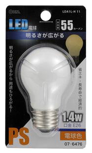 【LED小型電球の特長】 ● 低ワットでコンパクトなLED電球です。 ● 切れにくく長寿命。 ● 消費電力が少なく、電気代が安い。 ● 一般電球と比べ発熱量が少ない。 ● 氷点下でも使用可能（推奨使用温度-5度〜40℃） 仕様 ■ 寸法：全長；84mm、径；48mm ■ 質量：31g ■ 定格電流：15．5mA ■ 計寿命約30，000時間 ■ 全光束：55　Lm ■ 消費電力：1．4W ■ 口金：E26 ■ 電球色