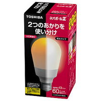 蛍光ランプとLED常夜灯のハイブリッド スイッチのON-OFFのタイミングで蛍光ランプとLED常夜灯を切り替えできます。 蛍光ランプ：消費電力、発熱量約1/4、寿命約6倍。 LED常夜灯の直下照度はベビー電球同等で消費電力約2/5。 口金E26 寸法（mm）外径65 全長133 寿命6000時間 消費電力(W)：蛍光ランプ使用時13、LED常夜灯使用時2