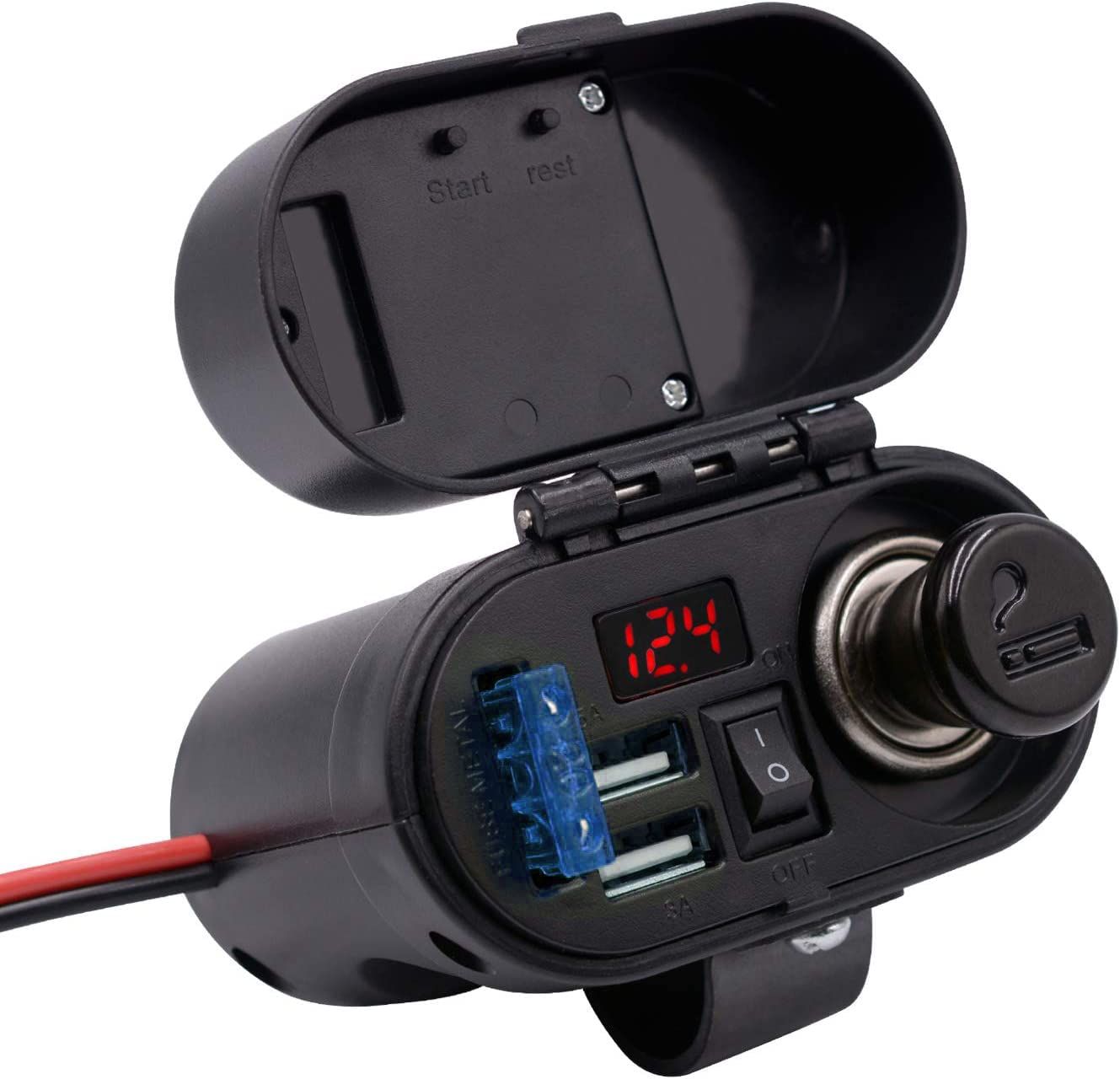 バイク用 デュアルポート USB充電器 オートバイ電源アダプター シガーライターソケット スイッチ ヒ ューズ付き 電圧計搭載 時間表示 スマホ/タブレット/GPSなどに充電 DC 12V