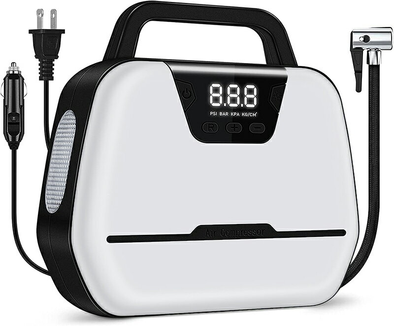 【1000円OFFクーポン】電動空気入れ 電動エアーポンプ自動車タイヤエアーポンプ 車用空気入れ エアコンプレッサー家庭用110V 車の電源DC12V 携帯ポンプ タイヤ空気入れ最大圧力150PSI LEDライトバンク搭載 携帯便利 自動停止パワーバンク搭載 空気圧指定可能 LCDデジタル表示