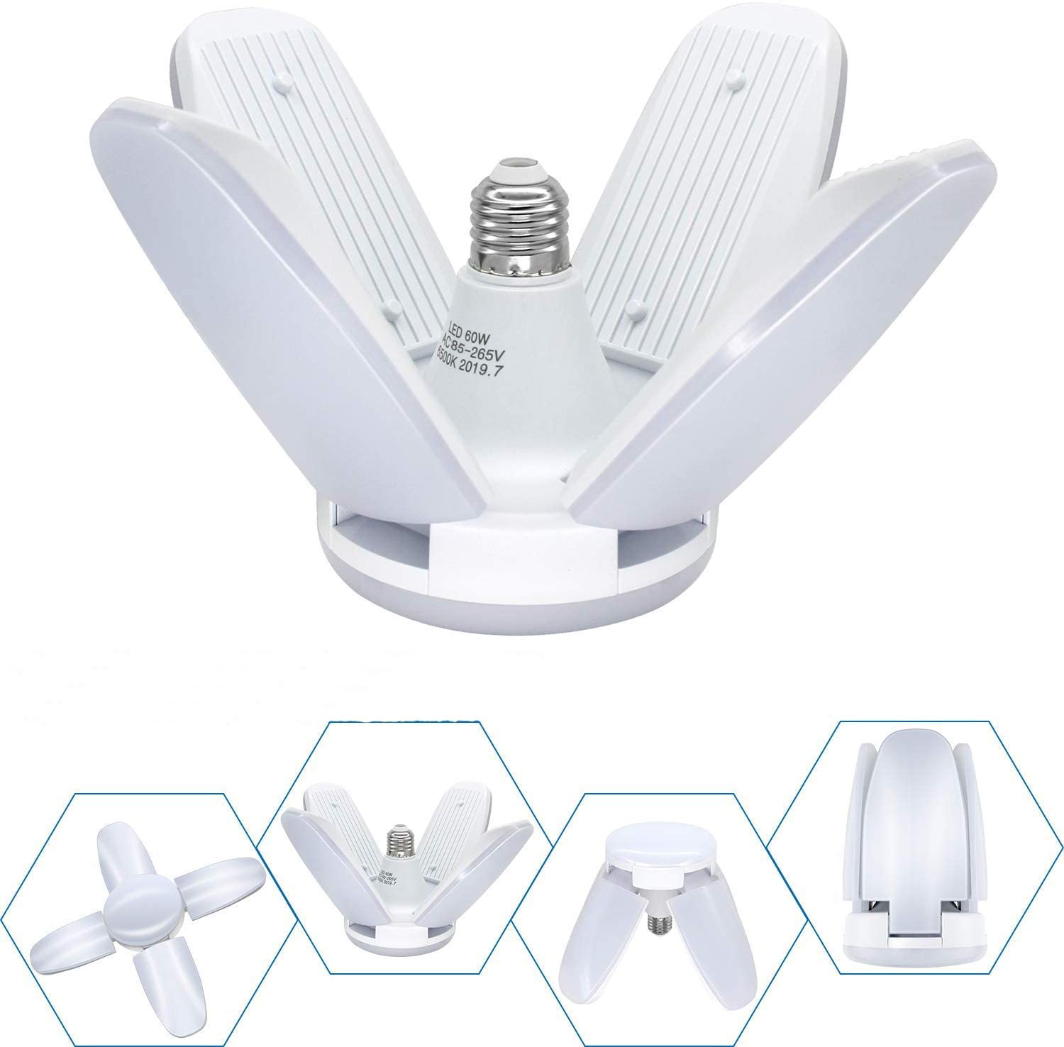 LED 小型 シーリングライト XIYUN LED 電球 ペンダントライト ガレージライト 5灯式 60W 6400K 3600LM 高輝度 吊り下げ照明 折りたたみ式 角度調節可能 省エネ 密閉器具 6~10畳 口金E26 工事不要 天井照明(昼光色) [ 2個セット ]