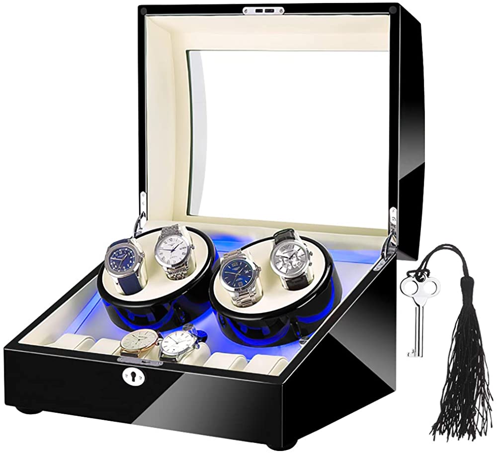 ワインディングマシーン 高級木製 4本巻き+6本収納 5つ回転モード ライト機能付き 腕時計自動巻き器 ウォッチワインダー 木製ピアノ調塗装鏡面仕上げ 感応機能