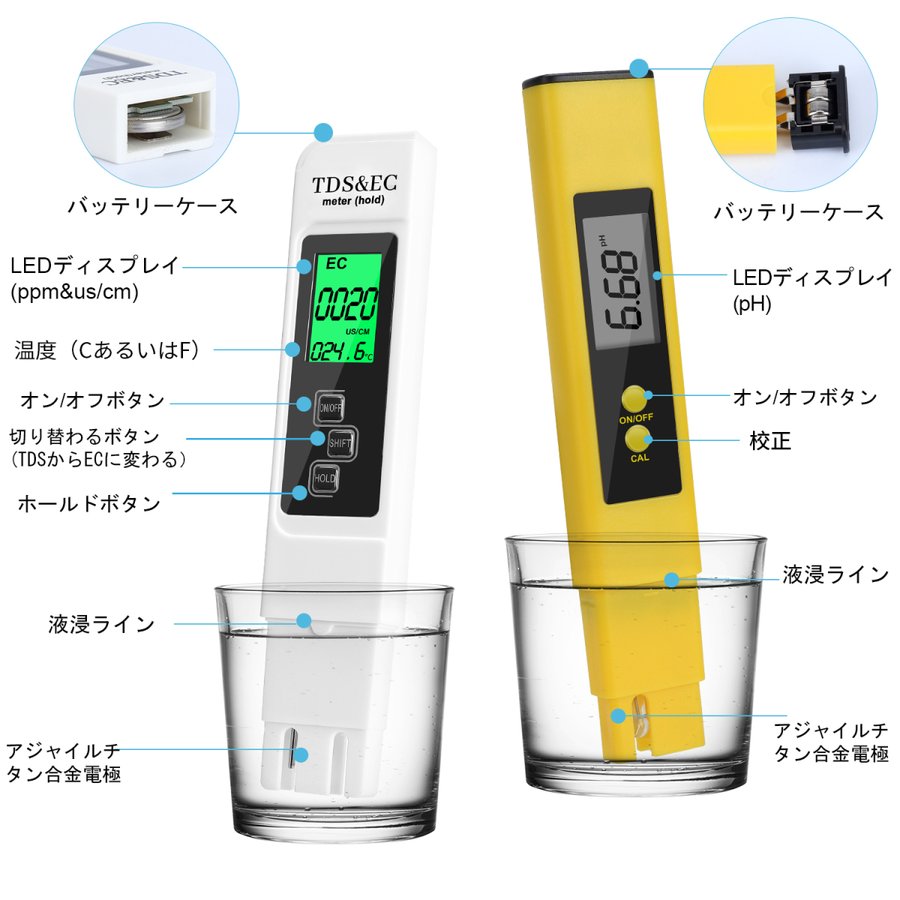 水質テスター 2本入り PH測定器 TDS測定器 水質検査 試験 PHメーターデジタルテスター 自動校正 水質検..