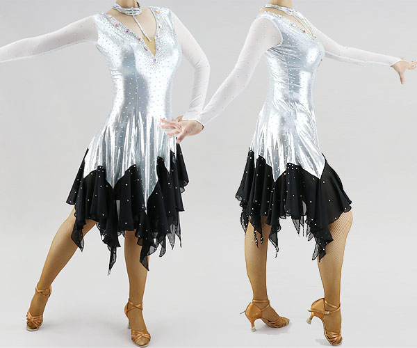 社交ダンス 社交ダンス衣装 衣装 社交ダンスドレス ドレス ウェア ダンスウェア Lサイズ シルバー