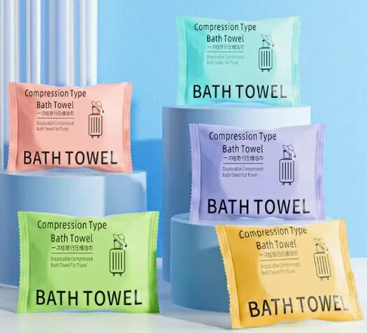 各色1個　5個セット　大型 旅行 使い捨て バスタオル 厚め 圧縮 シャワー バスタオル フェイスタオル