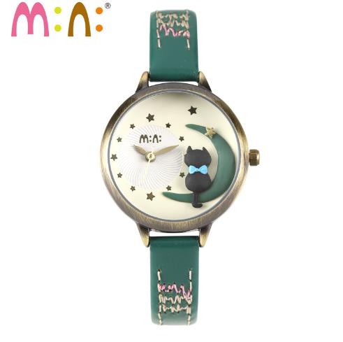 MINI デコウオッチ（ダークグリーン）ネコ　月　かわいい　3D　メルヘン　レディース　腕時計