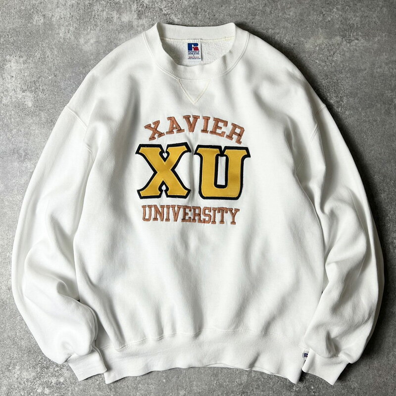 Rakuten - 90s USA製 RUSSELL 3段 カレッジ プリント スウェット トレーナー L / 90年代 アメリカ製 オールド ラッセル ホワイト 【中古】 古着 アメリカ古着 USED ユーズド 中古 VINTAGE US古着 アメカジ