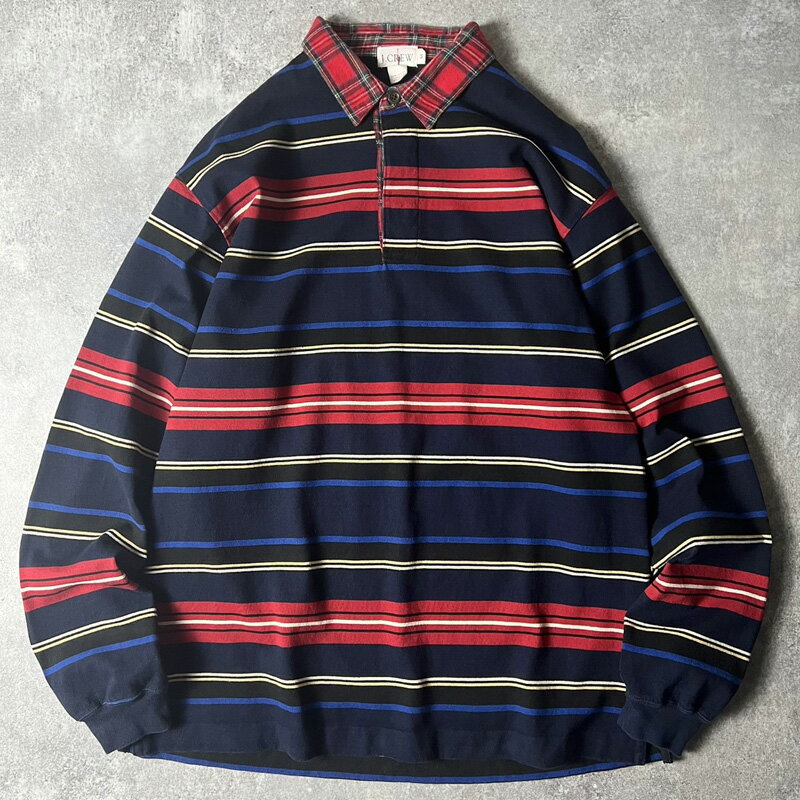 90s 巨人タグ J.CREW マルチカラー ボーダー 長袖 ラガーシャツ M / Jクルー 90年代 オールド マルチボーダー ポロシャツ 【中古】 古着 アメリカ古着 USED ユーズド 中古 VINTAGE US古着 アメカジ