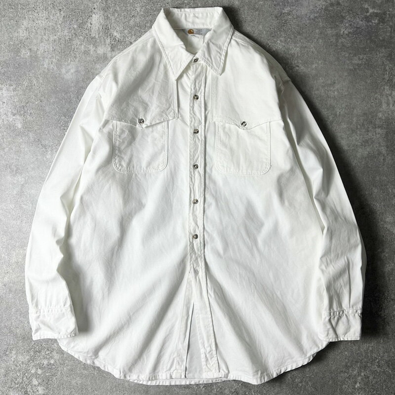 80s 三角タグ Carhartt 長袖 コットン キャンバス シャツ / 80年代 カーハート ビンテージ ホワイト 白 マッキーノ 【中古】 古着 アメリカ古着 USED ユーズド 中古 VINTAGE US古着 アメカジ