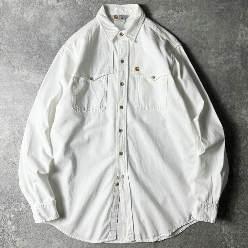 80s 三角タグ Carhartt 長袖 コットン キャンバス シャツ / 80年代 カーハート ビンテージ ホワイト 白 マッキーノ 【中古】 古着 アメリカ古着 USED ユーズド 中古 VINTAGE US古着 アメカジ