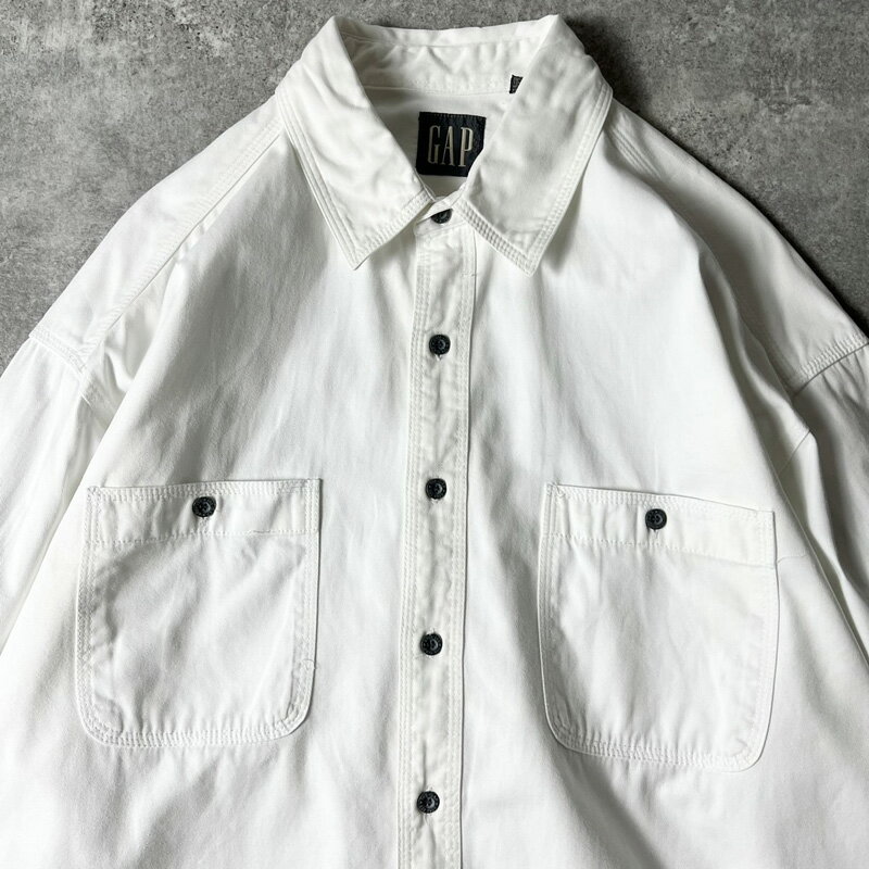 90s GAP 無地 コットン ツイル 長袖 ワーク シャツ XL / 90年代 オールド ギャップ ホワイト 白 【中古】 古着 アメリカ古着 USED ユーズド 中古 VINTAGE US古着 アメカジ