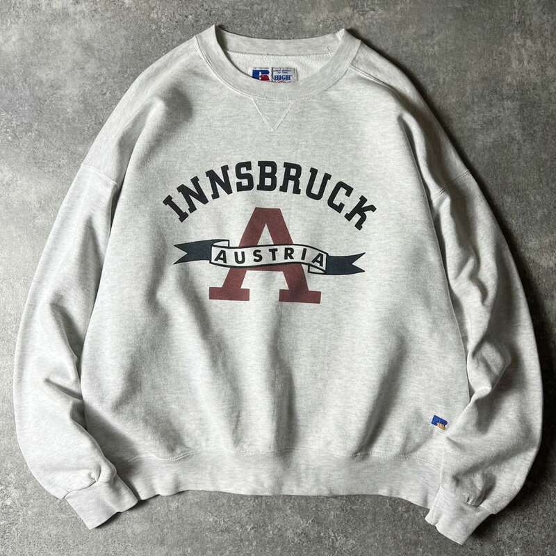 90s USA製 RUSSELL 前V 2段 カレッジ プリント スウェット トレーナー XL / 90年代 アメリカ製 オールド ラッセル 霜降り グレー 【中古】 古着 アメリカ古着 USED ユーズド 中古 VINTAGE US古着 アメカジ