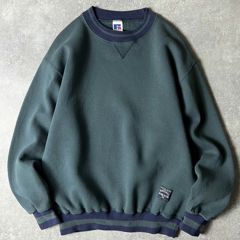 Rakuten - 90s USA製 RUSSELL 前V リブライン スウェット トレーナー M / 90年代 アメリカ製 オールド ラッセル 裏起毛 スエット グリーン 【中古】 古着 アメリカ古着 USED ユーズド 中古 VINTAGE US古着 アメカジ