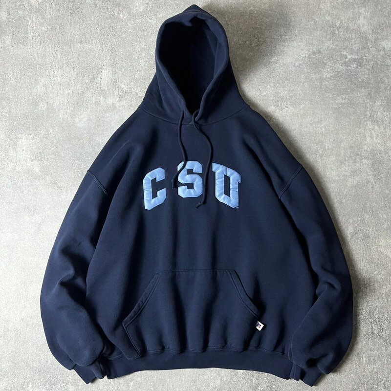 90s RUSSELL カレッジ ロゴ 刺繍 スウェット フード パーカー XL / 90年代 オールド ラッセル ネイビー トレーナー 【中古】 古着 アメリカ古着 USED ユーズド 中古 VINTAGE US古着 アメカジ