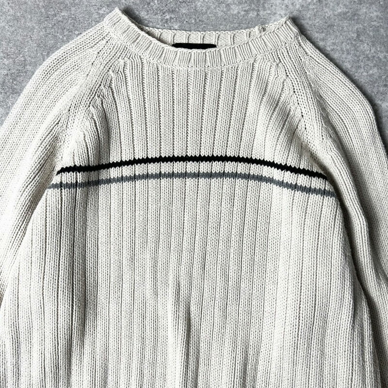 00s Eddie Bauer モックネック ライン入り コットン ニット セーター L / 00年代 オールド エディーバウアー ナチュラル 【中古】 古着 アメリカ古着 USED ユーズド 中古 VINTAGE US古着 アメカジ