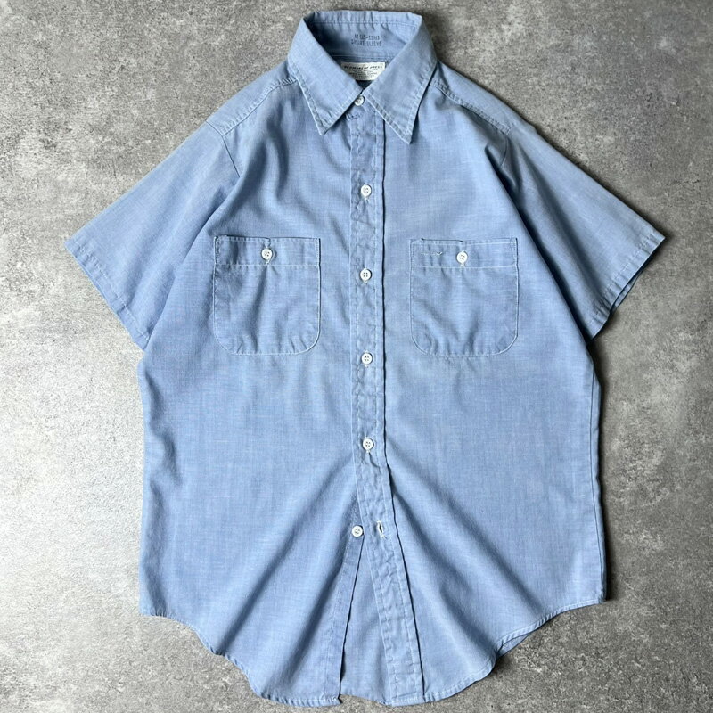 Chambray Shirts - 70s Unknown 半袖 シャンブレー シャツ M / 70年代 ビンテージ ブルー アメリカ製 PERMANENT PRESS 無地 【中古】 古着 アメリカ古着 USED ユーズド 中古 VINTAGE US古着 アメカジ